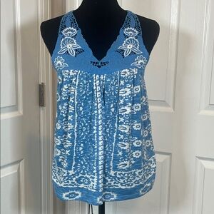 Lucky Brand Women’s Chic Sleeveless Boho Halter Cut Crochet Batik Print Top